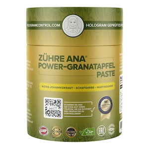 May include: A cylindrical container with a gold and green label. The label features the text "ZÜHRE ANA POWER-GRANATAPFEL PASTE" and other text in German. It also includes a QR code, a logo, and the words "HALAL" and "FDA".