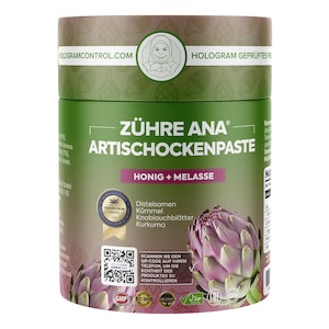 May include: A cylindrical container of ZÜHRE ANA artichoke paste. The label is primarily green with text in German, including "HONIG + MELASSE." A QR code and a golden palm award are also visible. The container has a brown top and bottom.