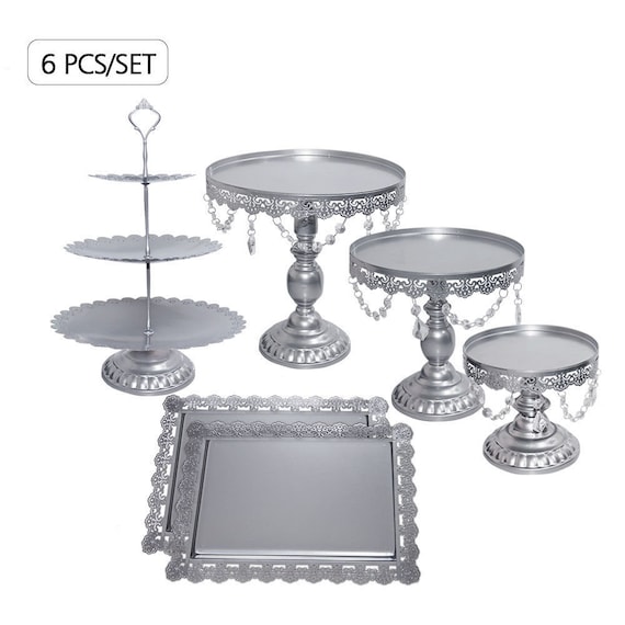14pc Lace Crystal Wedding Cake Stand Set Silver Metal Cupcake Tower Holder Plate