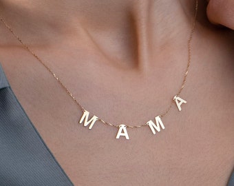 14K Gold Dainty MAMA Initial Necklace, Silver Letter MOM Necklace, Minimalist Letter, Custom Jewelry, Christmas Gift for Mom