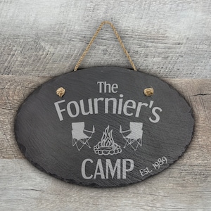 Personalized Camping Sign, Slate Sign 11 3/4" x 7 3/4", Oval Hanging, Laser Engraved, Gift, Outdoors