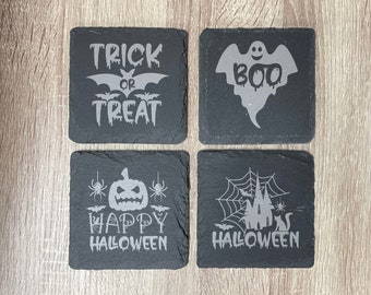 Halloween Slate Coasters, Set of 4 Square, Trick or Treat, Wedding Gifts, Drink Coasters, Personalized, Engraved, Funny