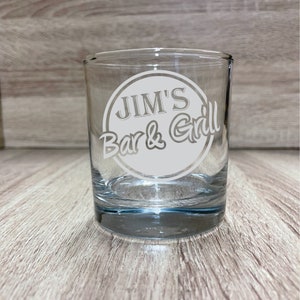 Personalized Bar & Grill etched drinking glass, whiskey glass, wedding gift, drinking glass, 11oz, made in usa,for him