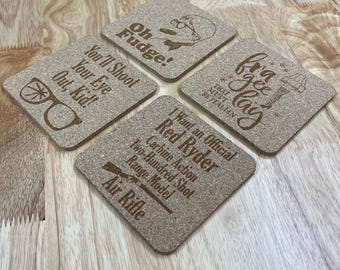 A Christmas Story Inspired Engraved Cork Coasters, Set of 4, Multiple designs, Drink Coasters, Laser Engraved, Funny