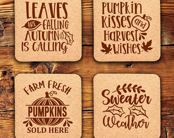 Fall Pumpkins Engraved Cork Coasters , Set of 4, Wedding Gifts, Drink Coasters, Home, Personalized, Funny
