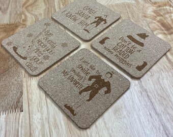 Buddy the Elf Cork Coasters , Set of 4, Wedding Gifts, Drink Coasters, Personalized, Engraved, Funny