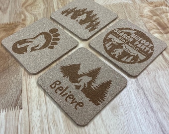 Bigfoot Engraved Cork Coasters, Set of 4, Yeti, Sasquatch Gifts, Drink Coasters, Personalized, Laser Engraved, Funny