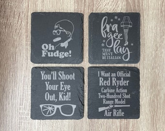 A Christmas Story Inspired Engraved Slate Coasters, Set of 4, Multiple designs, Drink Coasters, Laser Engraved, Funny