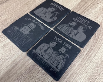Home Improvement TV Show Inspired Engraved Slate Coasters – Funny Tim Allen Quotes – Wilson, Al, Tool Time Fan Gift Set of 4