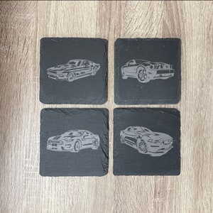 Ford Mustang posavasos de pizarra , Set de 4, Regalos de boda, Posavasos de bebidas, Personalizado, Grabado, Divertido