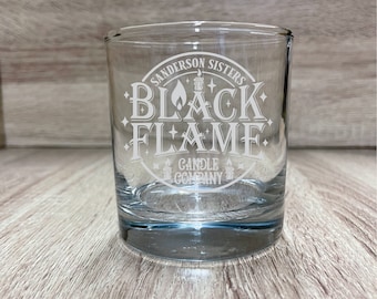 Sanderson Sisters inspired drinking glass, Hocus Pocus, Black Flame Candle, made in the USA, whiskey glass, gift for him, 11oz