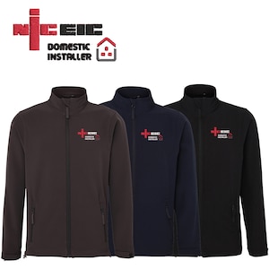 May include: Three soft-shell jackets in charcoal, navy blue, and black with a red and black logo that reads "NICEIC Domestic Installer" embroidered on the left chest.