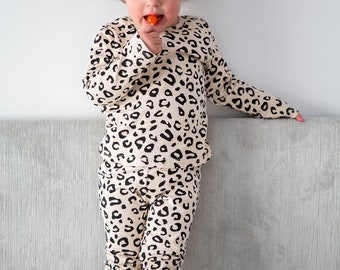 Personalized Little Girl's Beige Cheetah Cotton Pajama Sets- Personalize with names or initials in color of your choice! Toddler Size 2T-6T