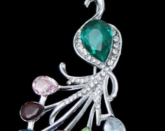 Peacock Feather Bird Brooch Genuine Crystal Statement Large Brooch Gem Stone Colours Gifts For Mum Nan Grandma Birthday
