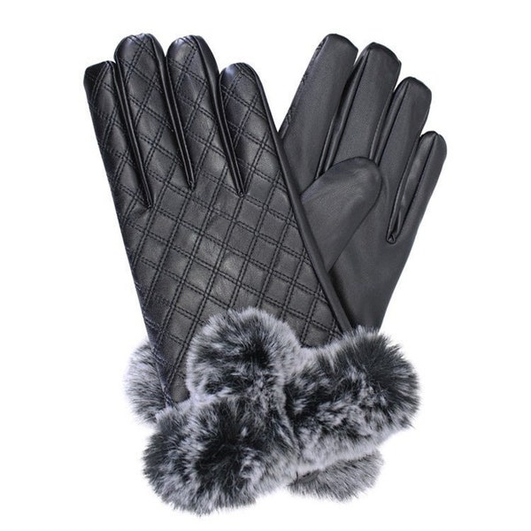 Gants en cuir Femmes Uk Fausse fourrure Garniture Effet matelassé Cadeaux de Noël Maman Sœur Nan Grand-mère