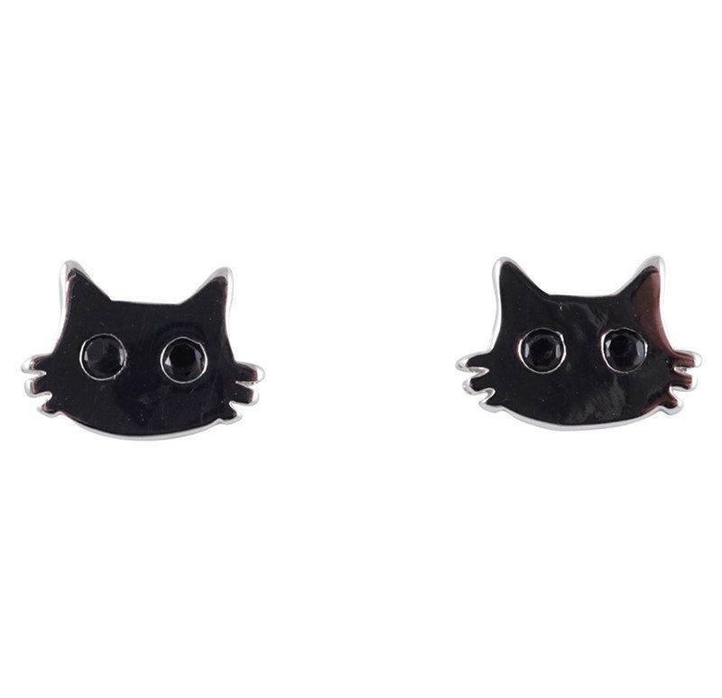 925 Sterling Silver Black Cat Kitten Kids Girls Women Stud Earrings Gift 