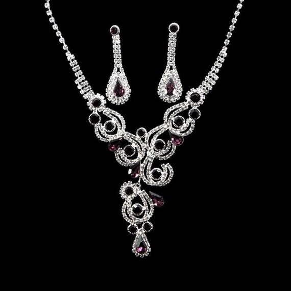 Van Dell 1940s Vintage Jewelry Ruby Diamante Necklace and Earrings
