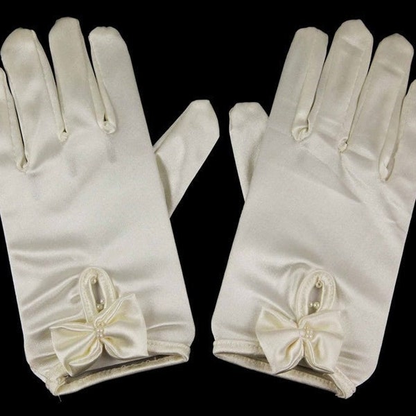 Filles Blanc Crème Satin Court Satin Soirée Demoiselle d’honneur Gants d’arc Sainte Communion Gants Princesse Fantaisie Vendeur Royaume-Uni