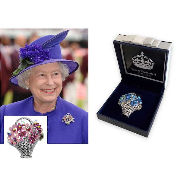 Queen Elizabeth Flower Basket Memorial Brooch 2022  Platinum Jubilee Keepsake Gift Souvenir Queens Mum Nan Gran Brooch Boxed Gift Set UK
