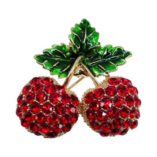Cherry Brooch Pin Badge Gold Genuine Crystal Red Cherries Cute Gifts Mum Nan Mothers Day Christmas Gifts UK Seller