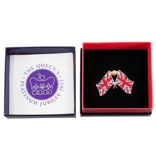 Queens Jubilee 2022 Platinum Jubilee  Boxed Diamante Double Union Jack Flag & Crown Brooch Gift Souvenir Party Gifts UK Seller