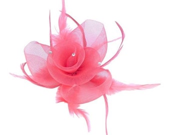 Rosa Verde Azul Coral Fascinator Pluma Roseta Diadema Clip Boda Ascot Madre de la Novia Prom Nupcial Vendedor del Reino Unido