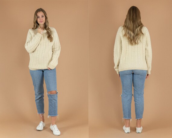 80's Cream Wool Sweater - Vintage Knit Sweater - C