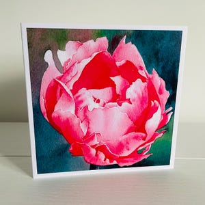 Biglietto di auguri con peonia rosa - Biglietto di compleanno - Dipinto di fiori rosa - Illustrazione ad acquerello primaverile - Quadrato - Interno vuoto con busta