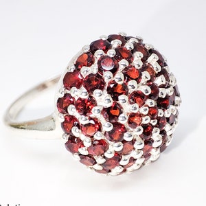 Dome Ring in 925 Solid Silver and Brilliant Cut Natural Garnets. Garnet Ring. Original Gift Idea. Real Garnet Ring