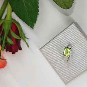 Peridot Ring. 925 Sterling Silver Natural Peridot Emerald Cut. Engagement Ring. Real Peridot Gemstone ring. August Birthstone Peridot Ring