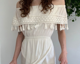 Vintage 2000s Off the Shoulder Tassel Festival Mini Dress / Size XS