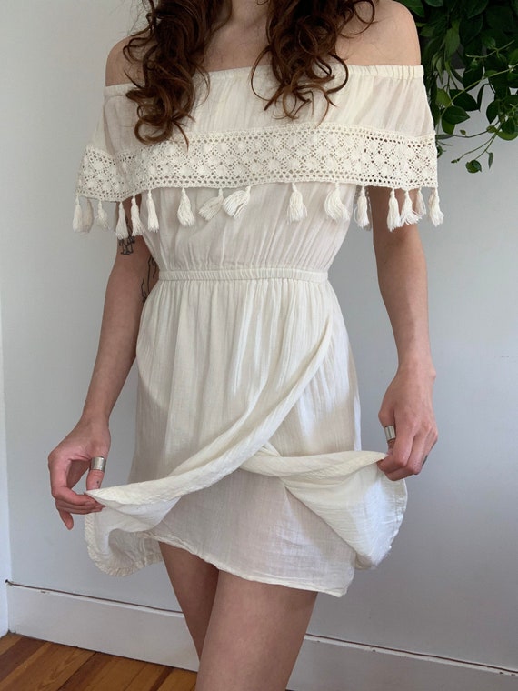 Vintage 2000s Off the Shoulder Tassel Festival Mini Dress / Size XS Vintage 2000s Off the Shoulder Tassel Festival Mini Dress / Size XS
