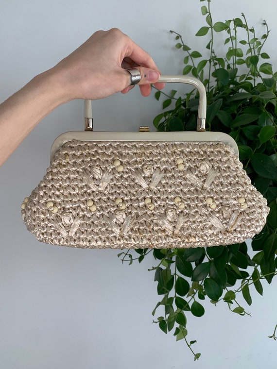 Vintage 50s Woven Raffia Beaded Purse