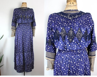 Antique Edwardian Silk Dress | 1900s True Vintage Long Sleeve Polka Dot Historical Blue and White Lace Tea Gown Early 1900s Fashion