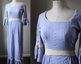 Vintage 70s Gunne Sax Style Dress | Lavender Purple Color with Lace Cottagecore Sleeved Dress Floor Length Size S