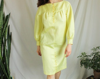 1960s Canary Yellow Dress | Button Up Dress | Pale Yellow | Long Sleeve Dress | Baggy Dress | Pastel Yellow Dress | Easter Dress | Size M