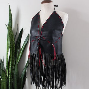 1960s Leather Biker Tank with Fringe Black Leather Hippie Clothing Vintage Tank Top Motorcycle Festival Clothing Vintage Leather Size M/L image 1