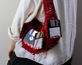 Y2K Floppy Disk Purse | Upcycled Crochet Bag One of a Kind Original Design Knit Crocheted Handbag Shoulder Purse Red Floppy Disc