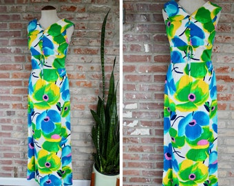 Vintage 1970s Floral Dress | Maxi Flower Dress from the 60s | 1960s 70s Vintage Dress | Lime Green Dress | 1970s Vintage | Size 14 XS