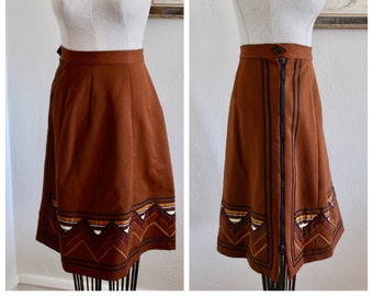 Vintage 70s Geometric Skirt | Brown A Line High Waisted Skirt Unique Hand Made One of a Kind 1960s 70s Skirt Size S Small