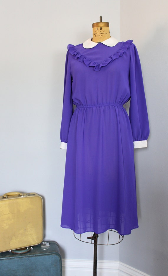 Vintage 80s Purple Collared Dress Size 10 L Lightweight Long Sleeve Ruffle Peter Pan Collar Royal Purple Polyester Dress Size Large Etsy Canada