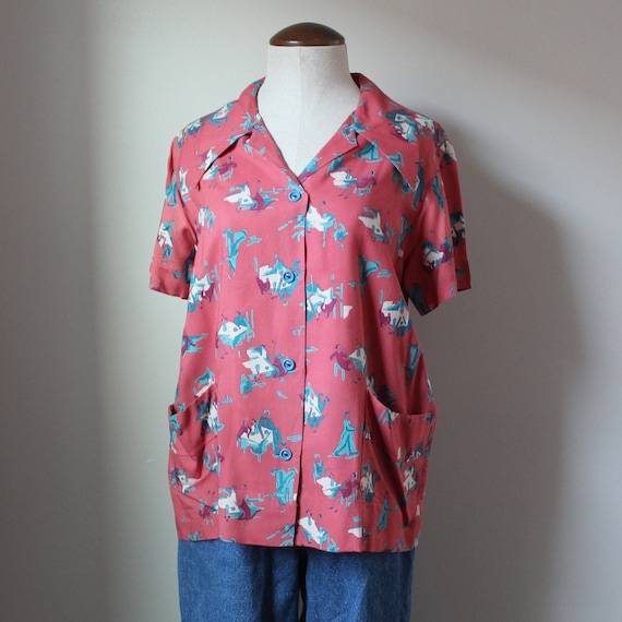 1970s Cafe Blouse | Size L | Vintage Patterned Re… - image 1