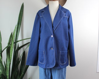 Vintage 70s Denim Blazer | Size L | Dark Blue Jean Jacket Collared Blazer 1970s Clothing Size Large