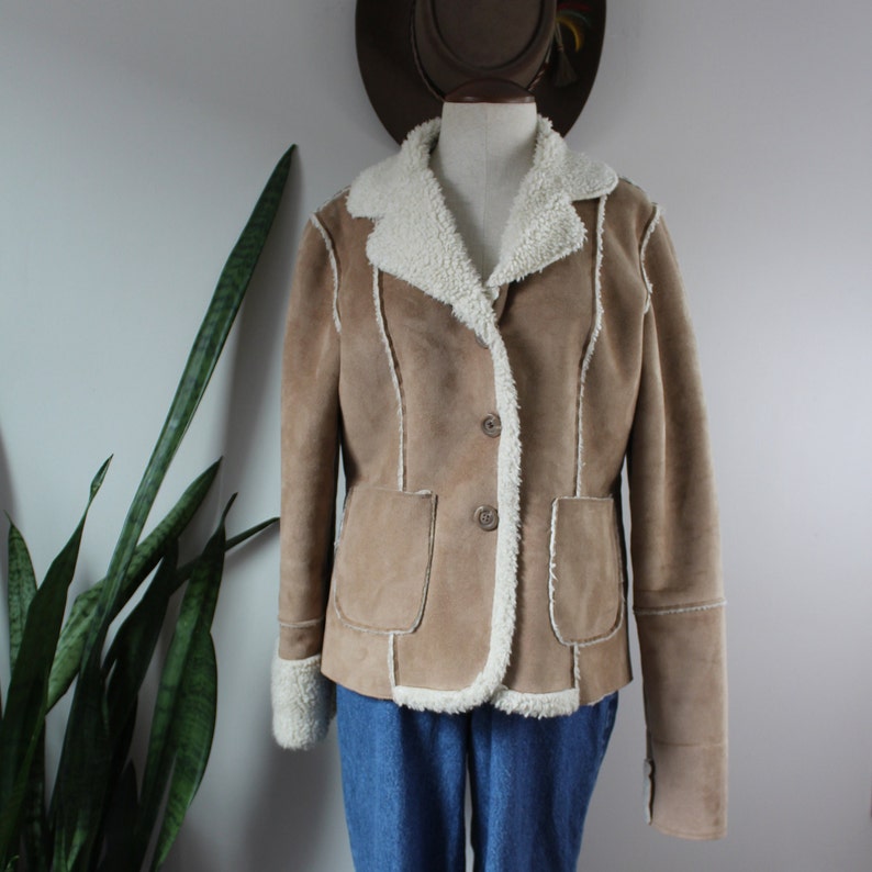 Vintage Y2K Faux Shearling Jacket Size L Vintage Brown Faux Suede 70s Style Button Down Jacket Size Large image 1