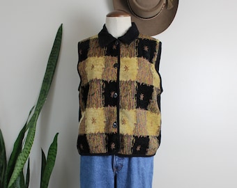 90s Checkered Corduroy Vest | Size L | Button Down Collared Tapestry Vest Black and Brown Woven Vest Keren Hart Size Large
