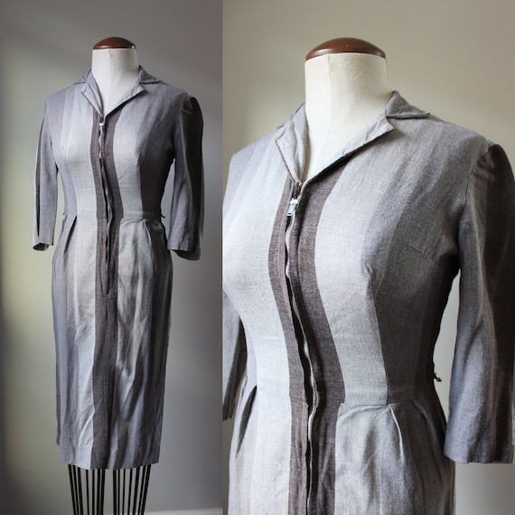 Vintage Home-Sewn Grey Dress | 1950s Gray Zip Dow… - image 1