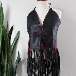 1960s Leather Biker Tank with Fringe Black Leather Hippie Clothing Vintage Tank Top Motorcycle Festival Clothing Vintage Leather Size M/L image 3