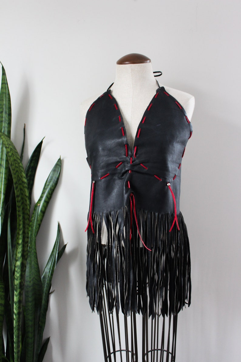1960s Leather Biker Tank with Fringe Black Leather Hippie Clothing Vintage Tank Top Motorcycle Festival Clothing Vintage Leather Size M/L image 3