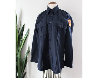 Navy Blue Vintage Button Down Shirt Long Sleeve Men's Vintage Top Patch Sentry Utility Shirt Smith & Wesson Size L Large