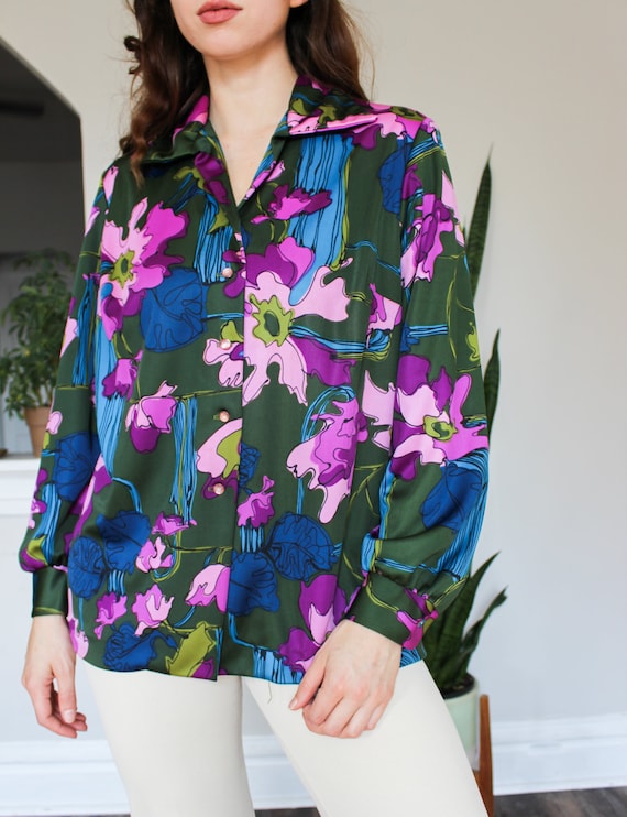 Vintage 70s Blouse | Groovy Patterned Top Long Sle